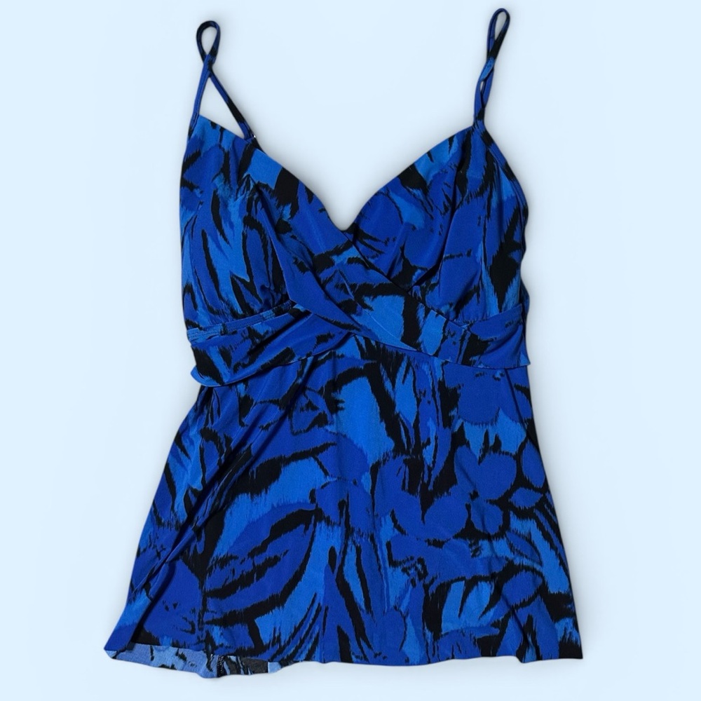 Aqua Green Blue & Black Printed Spaghetti Strap Tankini Swim Top Large NWT